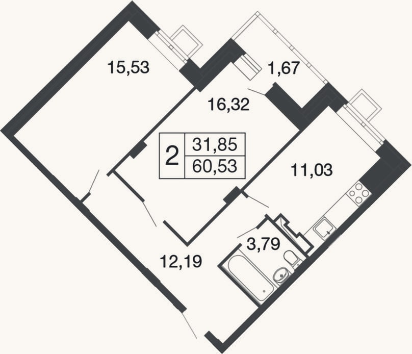 Планировка: 2-к, 58,9 м²