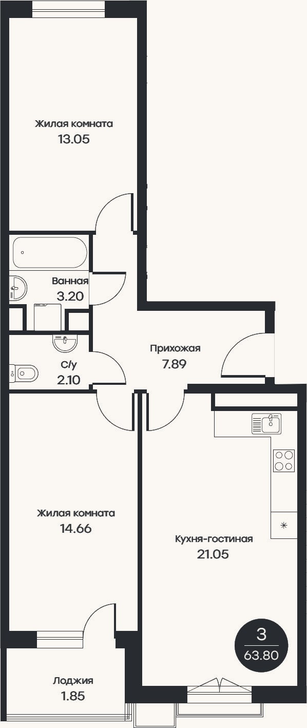 Планировка: 3-к, 61,8 м²