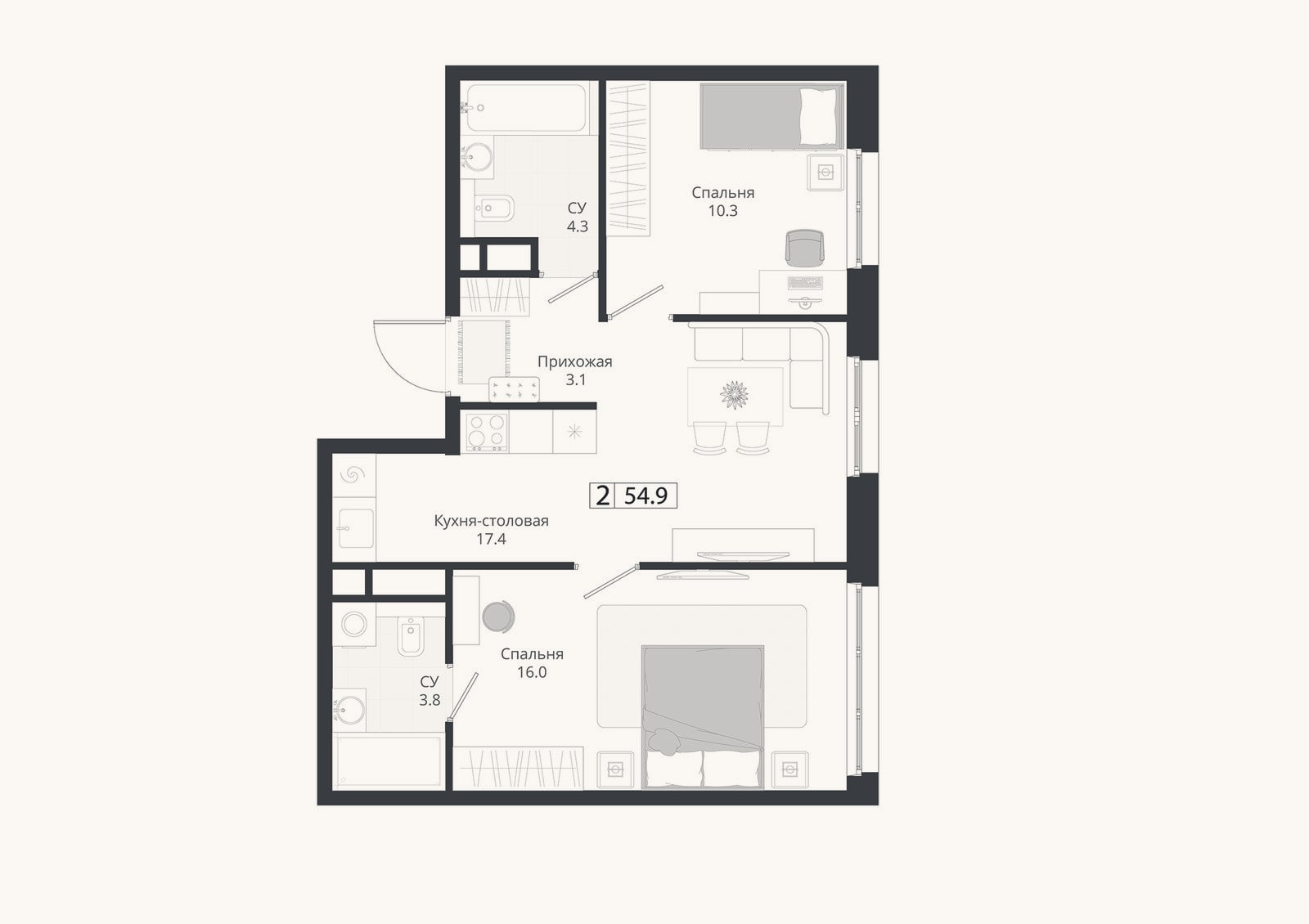 Планировка: 3-к, 54,9 м²
