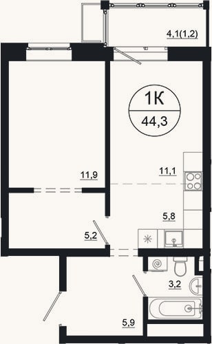Планировка: 2-к, 43,1 м²