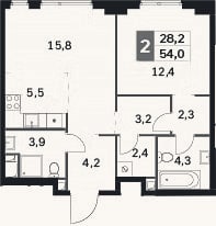 Планировка: 2-к, 54 м²