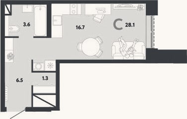 Планировка: Студия, 28,1 м²