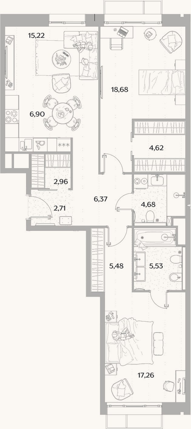 Планировка: 3-к, 90,6 м²