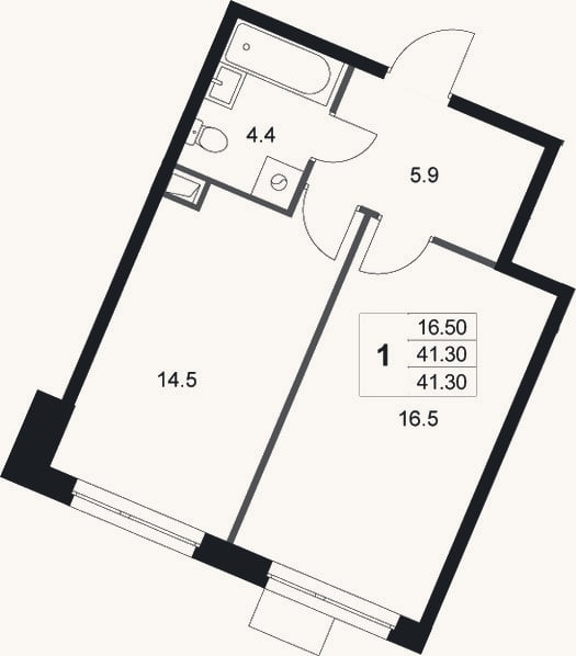 Планировка: 1-к, 41,3 м²