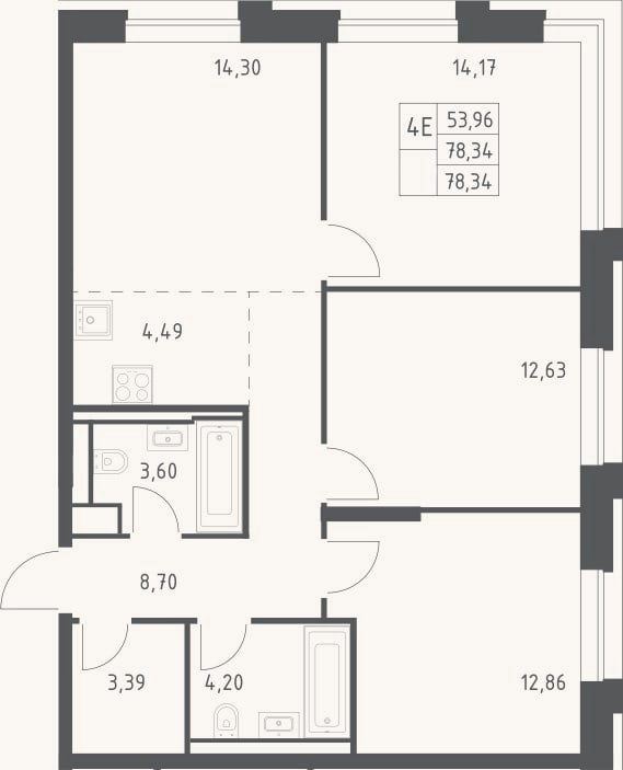 Планировка: 4+ к, 78,3 м²