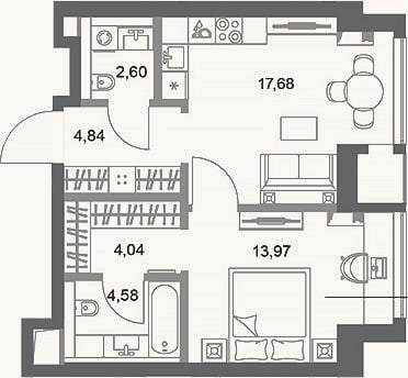 Планировка: 1-к, 47,7 м²