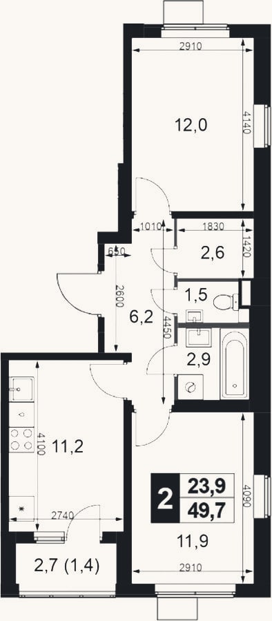 Планировка: 2-к, 48,3 м²