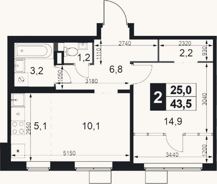 Планировка: 2-к, 43,5 м²