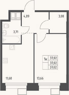 Планировка: 1-к, 37 м²