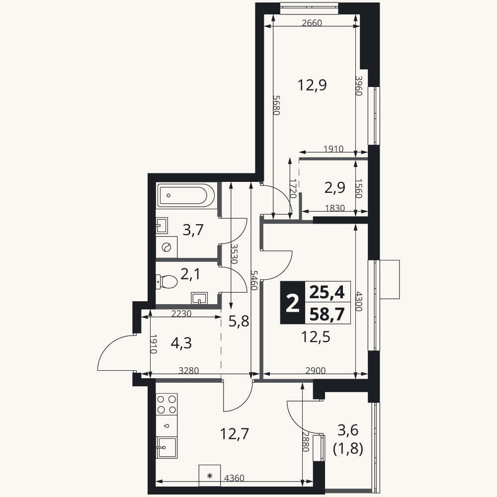Планировка: 2-к, 56,9 м²