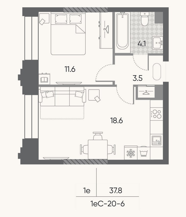 Планировка: 2-к, 37,8 м²