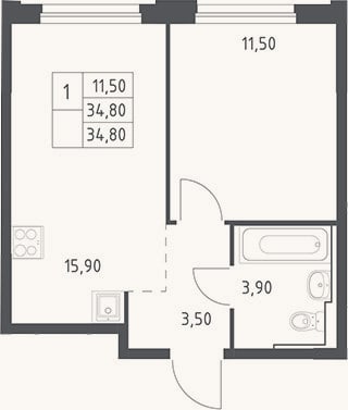 Планировка: 2-к, 34,8 м²