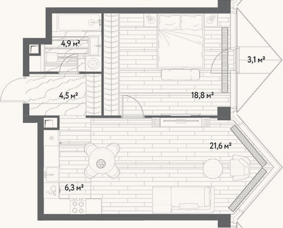 Планировка: 2-к, 56,1 м²