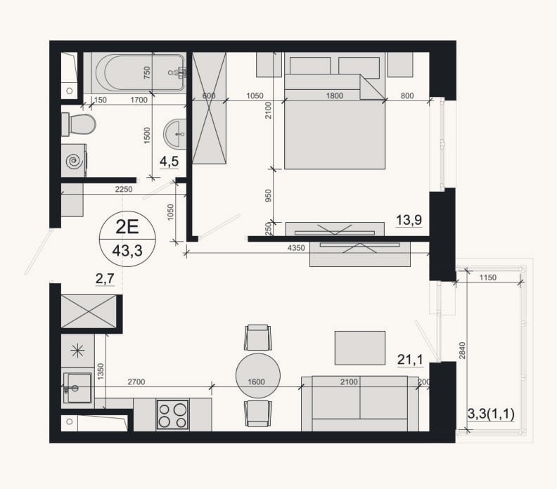 Планировка: 2-к, 42,2 м²