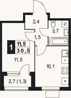 Планировка: 1-к, 29,2 м²