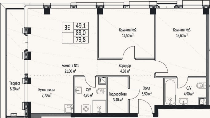 Планировка: 3-к, 79,8 м²