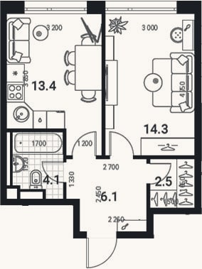 Планировка: 1-к, 40,3 м²
