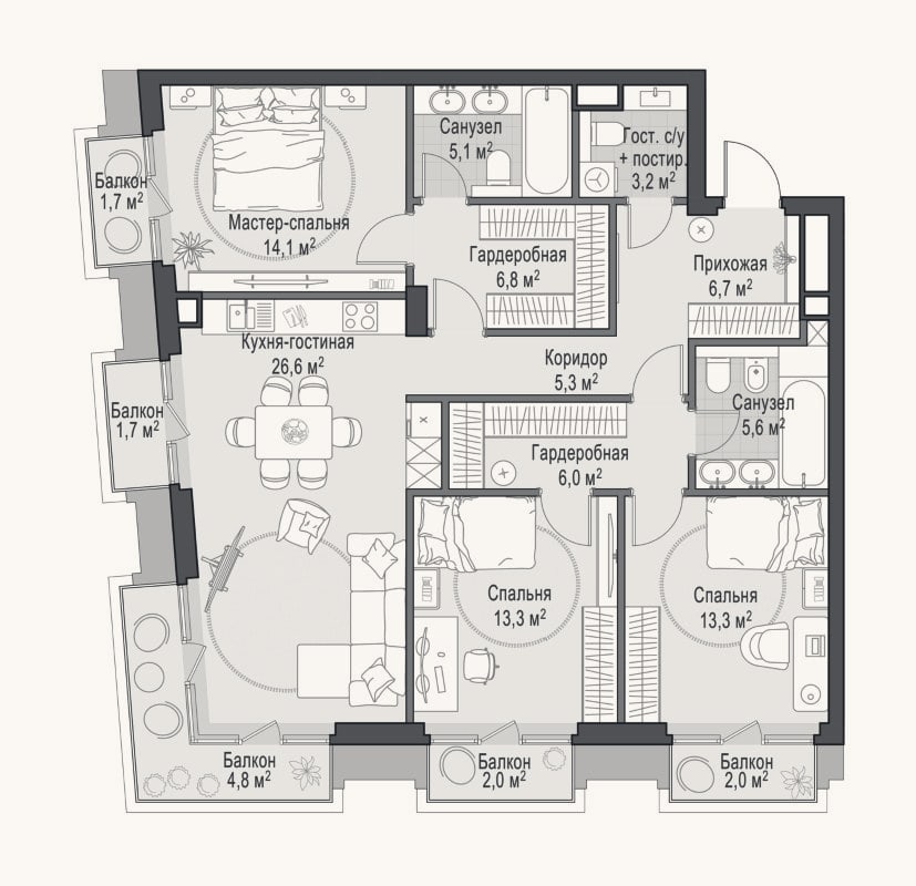 Планировка: 4+ к, 108,2 м²
