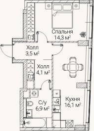 Планировка: 1-к, 45,4 м²