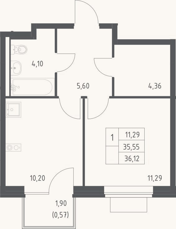 Планировка: 1-к, 35,6 м²