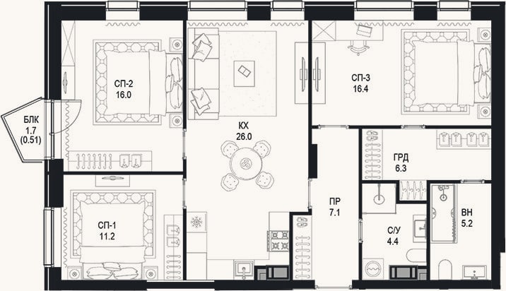 Планировка: 3-к, 92,6 м²
