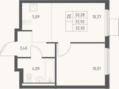 Планировка: 2-к, 32,9 м²