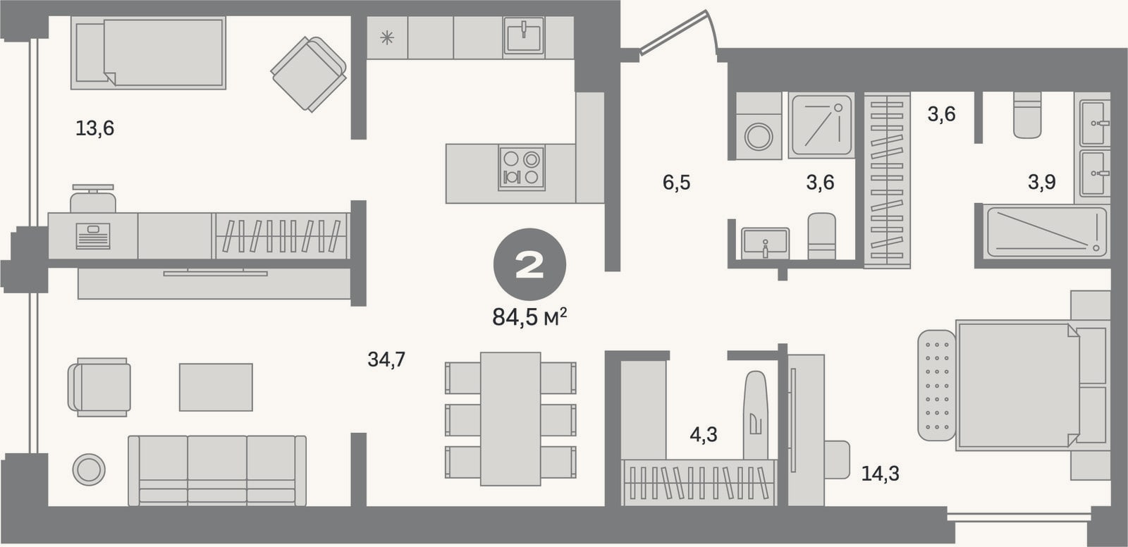 Планировка: 2-к, 84,5 м²