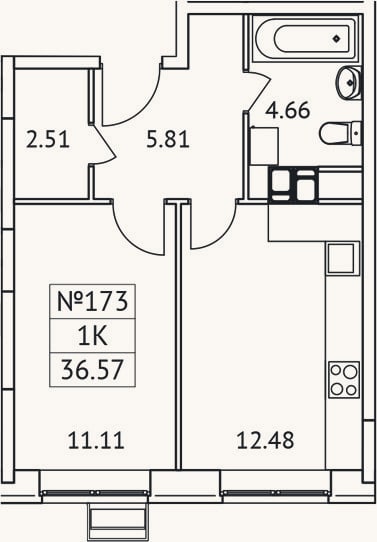 Планировка: 1-к, 36,6 м²