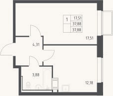 Планировка: 1-к, 37,9 м²