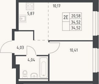 Планировка: 2-к, 34,5 м²