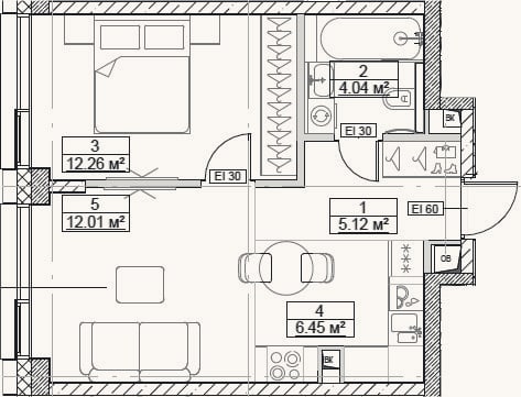 Планировка: 2-к, 39,9 м²