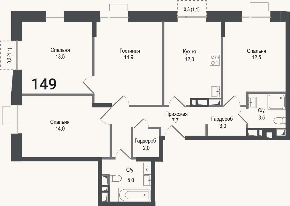 Планировка: 4+ к, 88,1 м²