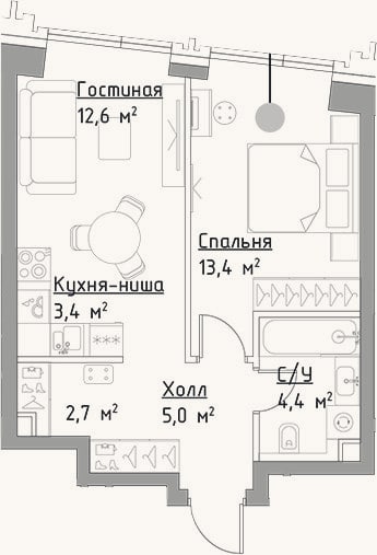 Планировка: 2-к, 41,5 м²