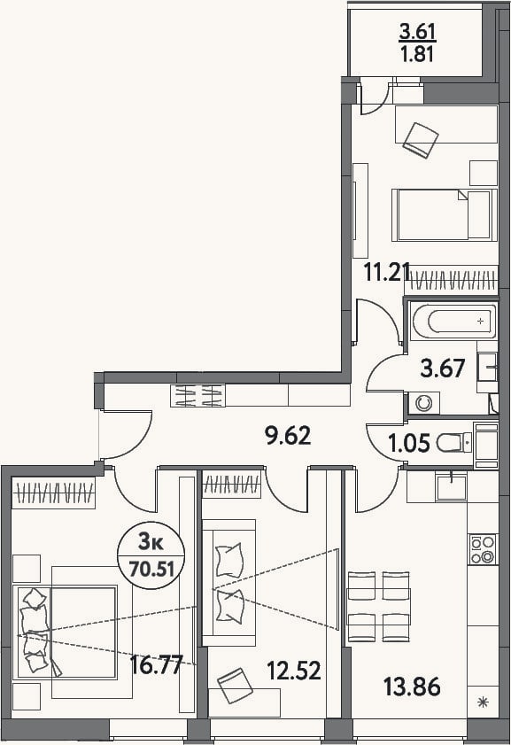 Планировка: 3-к, 71,1 м²