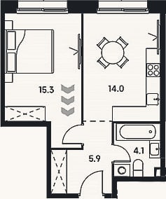 Планировка: 1-к, 39,3 м²