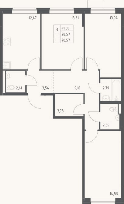 Планировка: 3-к, 78,6 м²