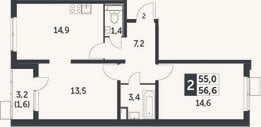 Планировка: 2-к, 55 м²