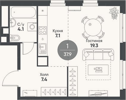 Планировка: Студия, 37,9 м²