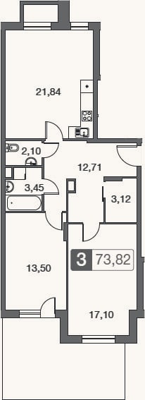 Планировка: 3-к, 73,8 м²