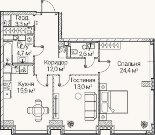Планировка: 2-к, 75,5 м²