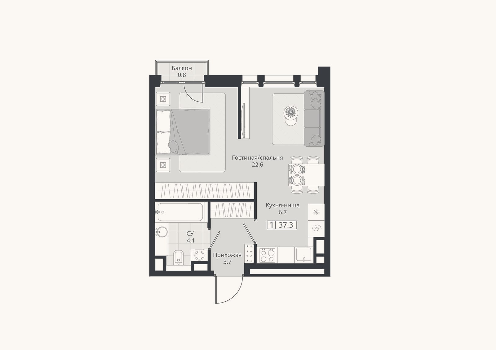 Планировка: 1-к, 37,1 м²