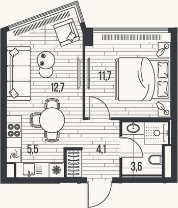 Планировка: 2-к, 37,6 м²
