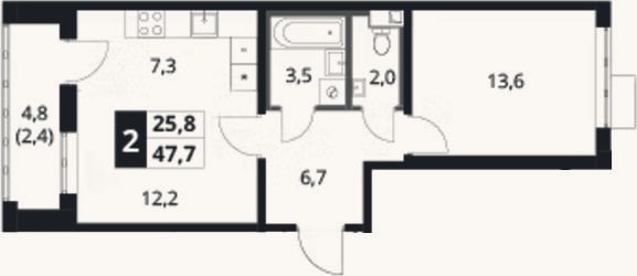 Планировка: 2-к, 45,3 м²