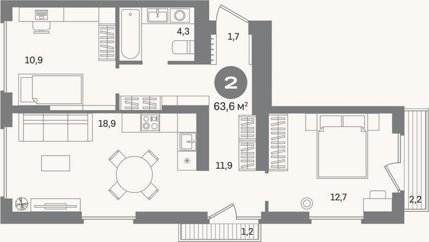 Планировка: 2-к, 60,2 м²