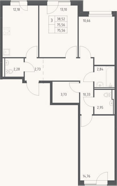 Планировка: 3-к, 75,6 м²