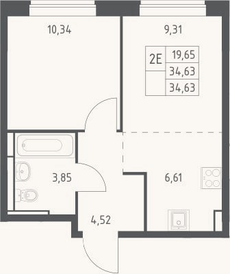 Планировка: 2-к, 34,6 м²