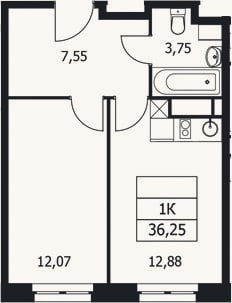 Планировка: 1-к, 36,3 м²