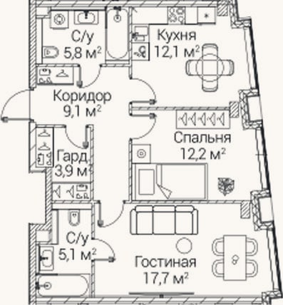 Планировка: 2-к, 65,9 м²