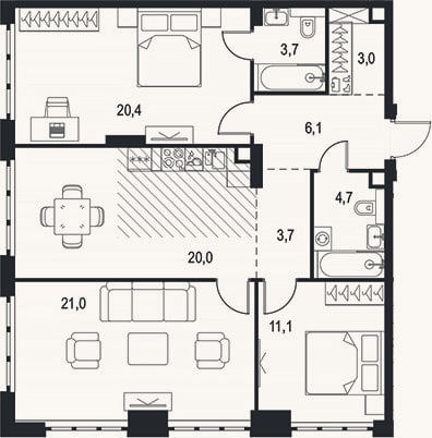 Планировка: 3-к, 93,7 м²