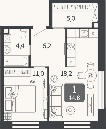 Планировка: 2-к, 44,8 м²